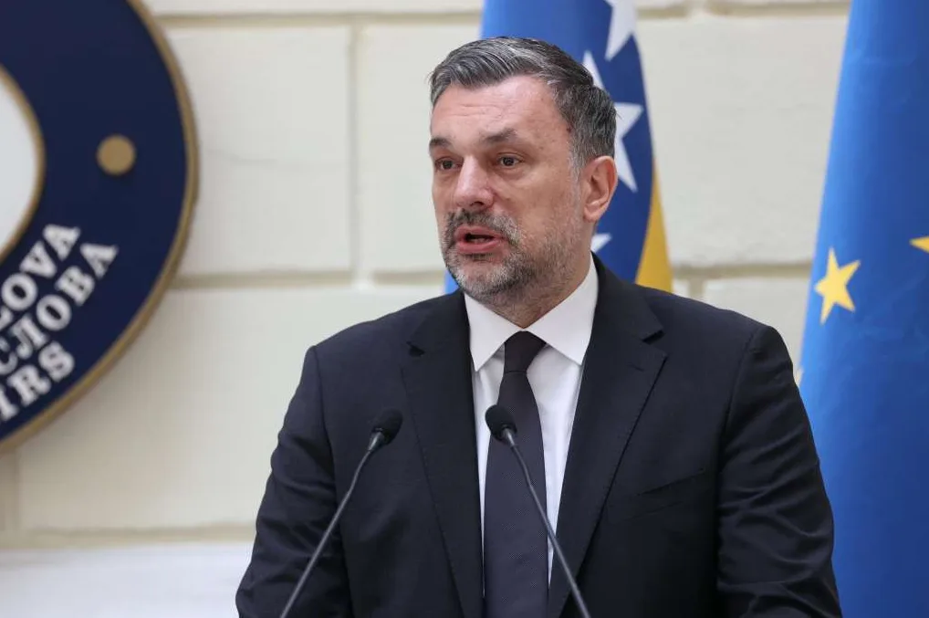 Političar u tamnom odijelu sa kravatom govori za govornicom, sa zastavom Bosne i Hercegovine i Evropske unije u pozadini.