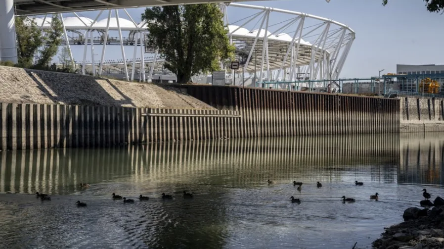 Rijeka ispod mosta sa modernim stadionom u pozadini i patkama koje plivaju.