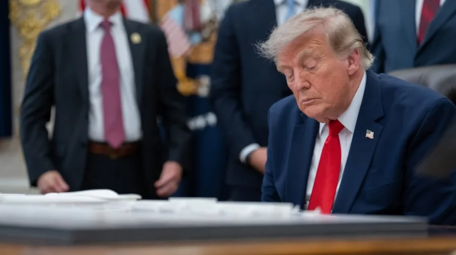 Donald Trump sa zatvorenim očima i crvenom kravatom dok potpisuje dokumente u Ovalnom uredu.