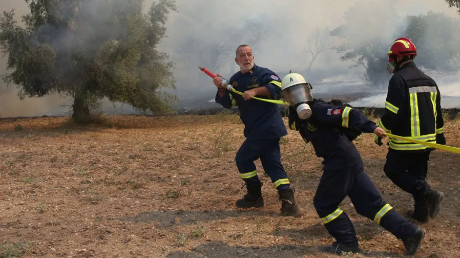 Vatrogasci u zaštitnoj opremi bore se protiv šumskog požara, držeći crijevo za vodu i dim se diže u pozadini pored stabla masline.